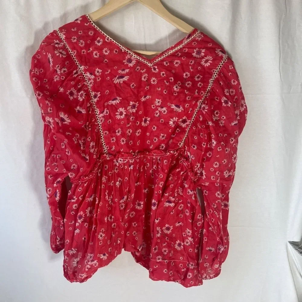 Free People Never‎ A Dull Moment Red Daisy Print Boho Top  SEE DESCRIPTION Sz S